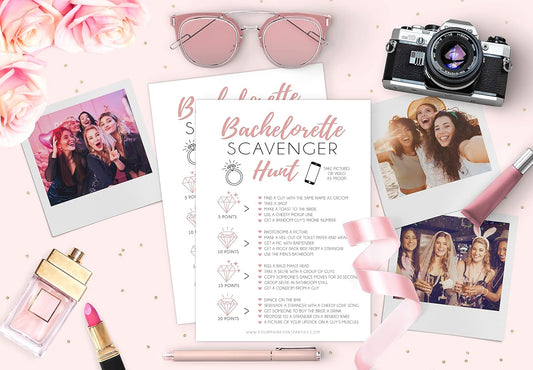 Your Main Event Prints 25 White Bachelorette Scavenger Hunt Party Games, Drinking Game and Dares, Fun Novelty Cards for Girls Night Out