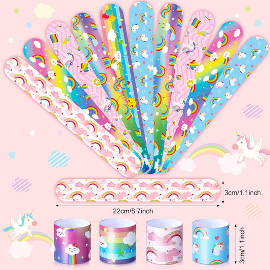 Junkin 24 Pcs Rainbow Slap Bracelets Party Favor for Kids Wristbands Bracelets Unicorn Rainbow Decoration for Girl Boy Cloud Magical Baby Shower Party Supplies(Lovely)