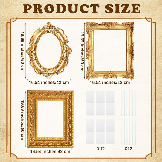 Amyhill 3 Pcs Large Photo Booth Props Picture Frame 3 Sizes Gold Wedding Selfie Frame Vintage Props Accessories for Wedding Bachelorette Birthday Carnival Party Decor