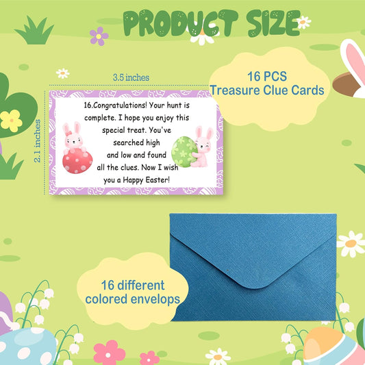 Easter Scavenger Hunt Games, 16 PCS Bunny Treasure Clue Cards with Colorful Envelopes for Family, Easter Treats Game for Spring Party Decorations Supplies