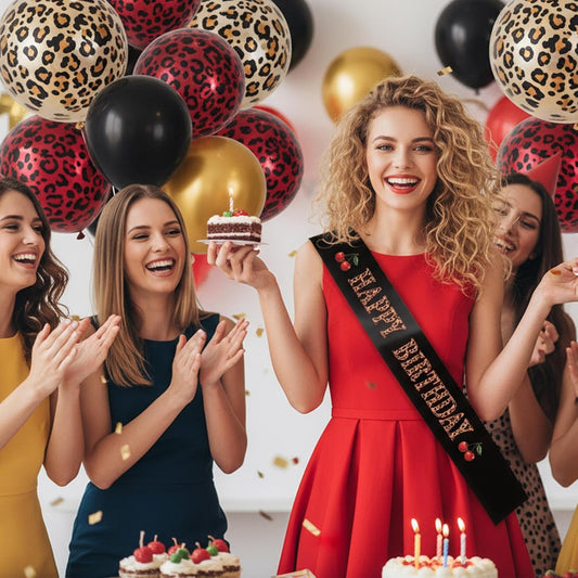 Cheetah Cherry Happy Birthday Sash, Leopard Satin Sash Birthday Decorations Red and Black Party Decorations for Women and Girls