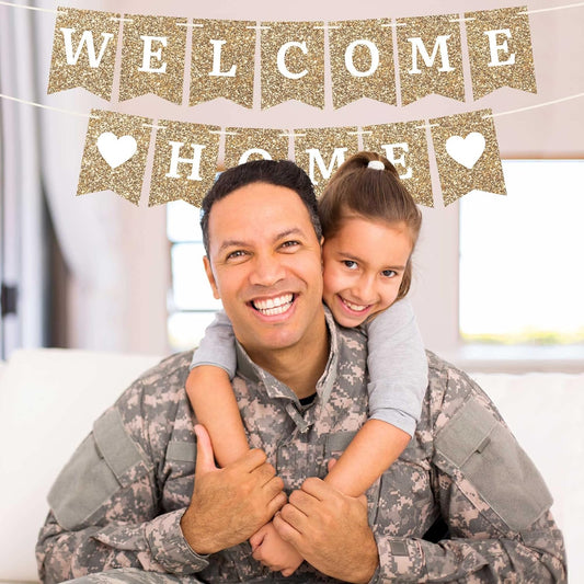 Pre-strung Welcome Home Banner - No DIY - Gold Glitter Welcome Home Banner - Pre-strung on 6 ft Strand - Housewarming, Homecoming, & Military Return Party Decorations & Decor. Did We Mention No DIY