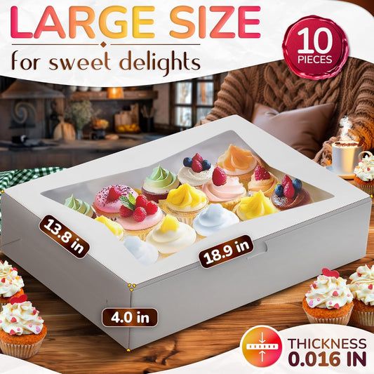 10Pcs Half-Sheet Cake Boxes 19x14x4" - White Bakery Boxes with Window, Pastry and Dessert Box Set for Mothers Day Gifts & Cake Presentation, Glossy Flip Top Boxes for Cakes, Cupcakes, Cookies & Donuts