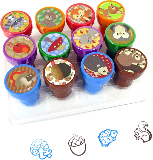 TINYMILLS 12 Pcs Woodland Animals Critters Stamp Kit for Kids Self Inking Stamps Gift Baby Shower Party Favors