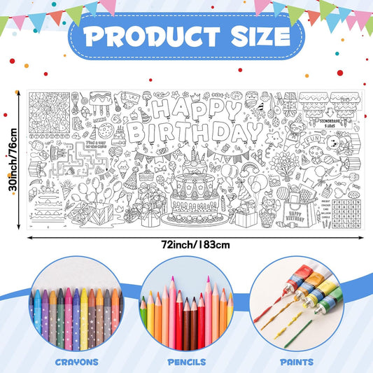 Happy Birthday Giant Coloring Poster/Tablecloth, 30 x 72 Inch Birthday Craft for Kids Art Crafts Paper Banner Kid Games Activities,Coloring Tablecloth Crafts for Classroom Wall School Home Parties