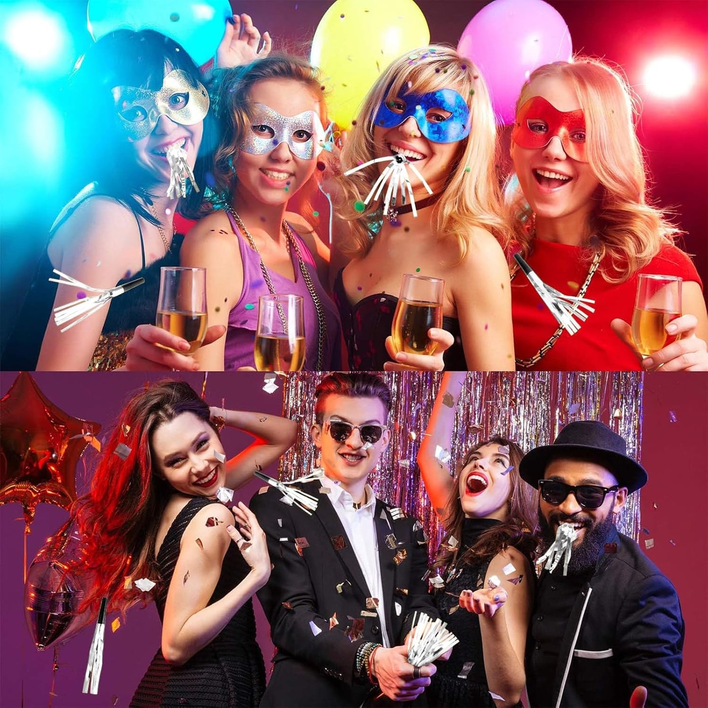Skylety 24 Pcs Party Blower Noisemakers Silver Glitter Noise Maker for Sport Events Squawkers Blowouts Whistles Fringed Musical Blowouts for Birthday Wedding 2026 Grad Party Supplies