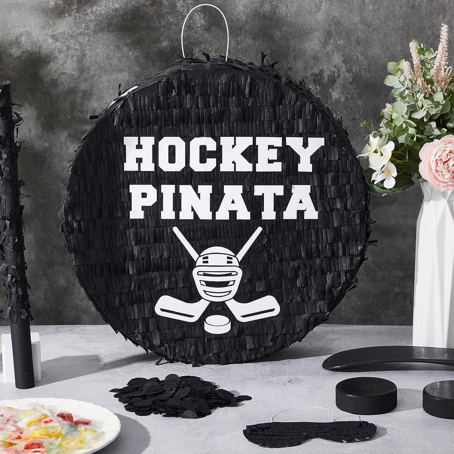 Jenaai 4 Pcs Hockey Party Favors Include 16" Hockey Piñata Bat Blindfold Piñata Stick and Confetti Bag for Hockey Theme Birthday Party Sports Party Reward Victory Celebration