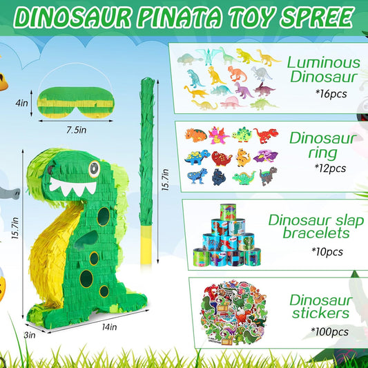 Hanaive 141 Pcs Dinosaur Piñata for Birthday Party, Dino Piñata Set with Blindfold and Baton, 16 x 12 x 3 Inch, Kids Dinosaur Themed Party Favors for Boys and Girls(Lovely Style)