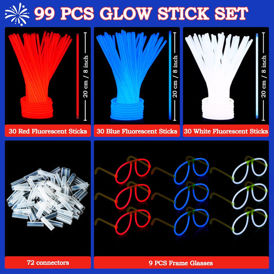 JOYIN 99 PCS 4th of July Patriotic Glow Sticks Glasses Bracelets, Kids Glow in the Dark Party Supplies, Red White and Blue Light Up Sticks LED Necklace Patriotic Accessories for Independence Day