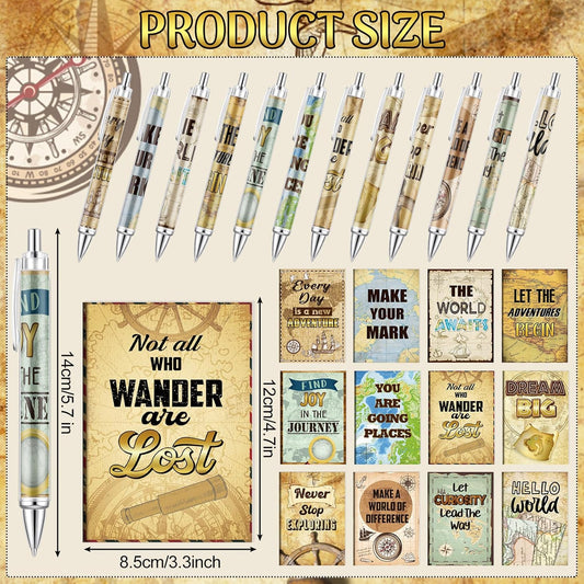 Eersida 48 Pcs Travel The Map Mini Notepad and Pen Set Travel Motivational Notepads with Quote Ballpoint Pens, 12 Styles