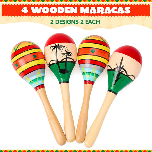 JOYIN 4 PCS Cinco De Mayo 7.6" Wooden Maracas for Kids, Maraca Magic, Wooden Noisemaker for Mexican Fiesta Party Favors, Musical Fun Parties, Luau Party, Carnivals, Taco Tuesday Event