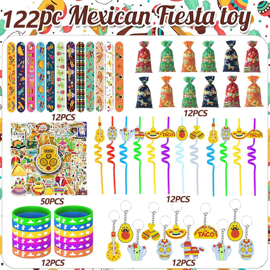 Mexican Fiesta Party Favor 122 PCS Mexican Themed 12 Slap Bracelets 12 Silicone Bracelets 50 Stickers 12 glitter drinking straws 12 Fiesta Keychains 12 Candy Bags 12 Bubble Wands for Mexican Party