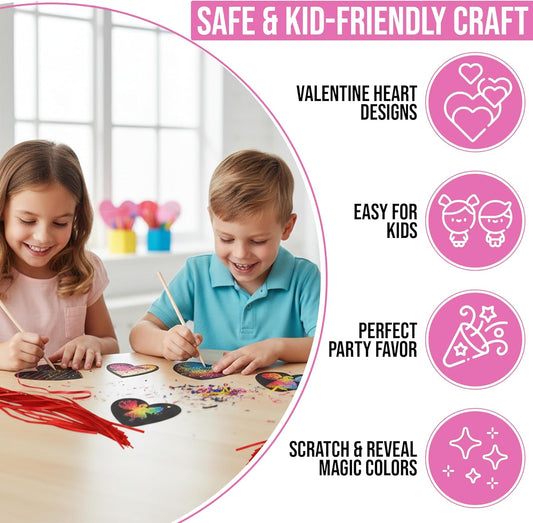 Iconikal Valentines Day 48 Ornament Cards with 24 Sticks Magic Scratch Art Hearts, Bulk Pack for Kids, Red, Pink and White Background