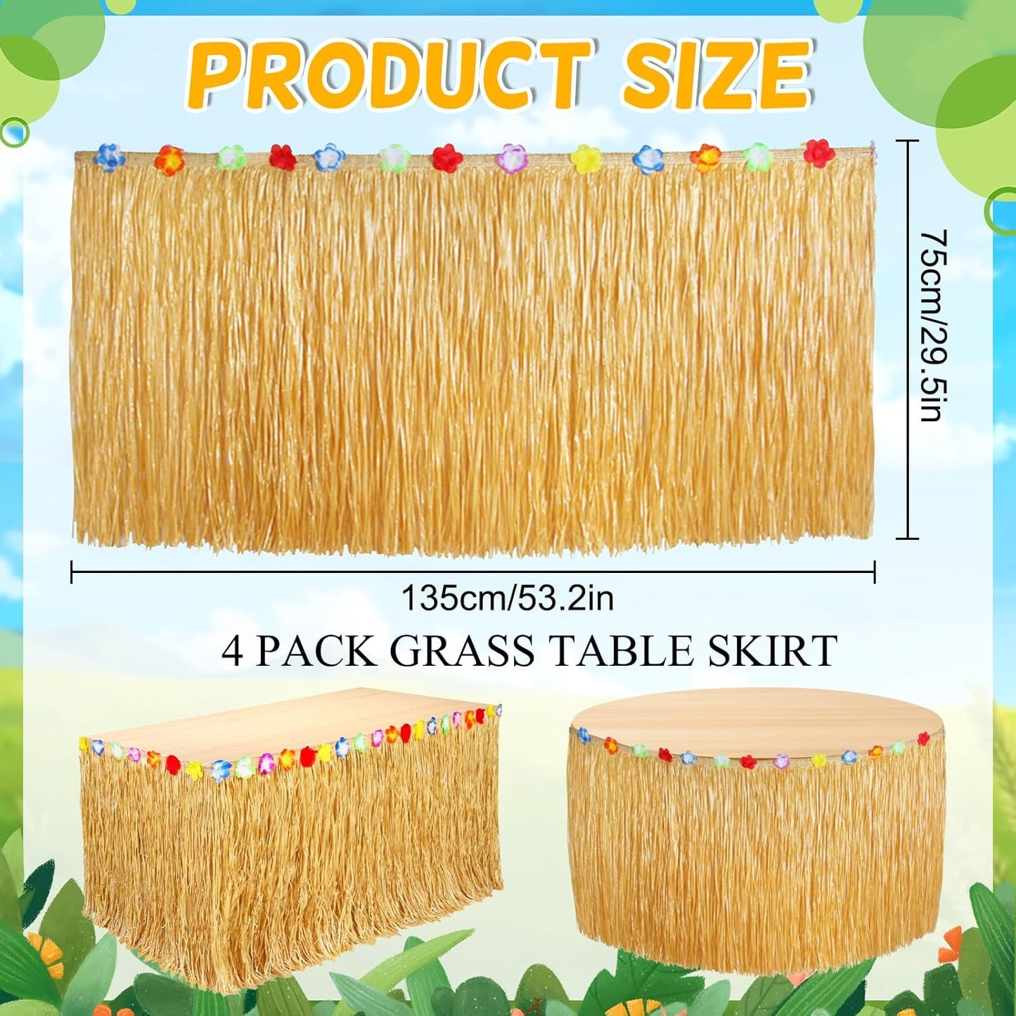 2 Pack Table Skirt Luau Party Decorations, Flower 53.2" X 29.5" Grass Table Skirts for Luau Party Summer Tropical Hawaiian Party Decorations (A-2 Pack)