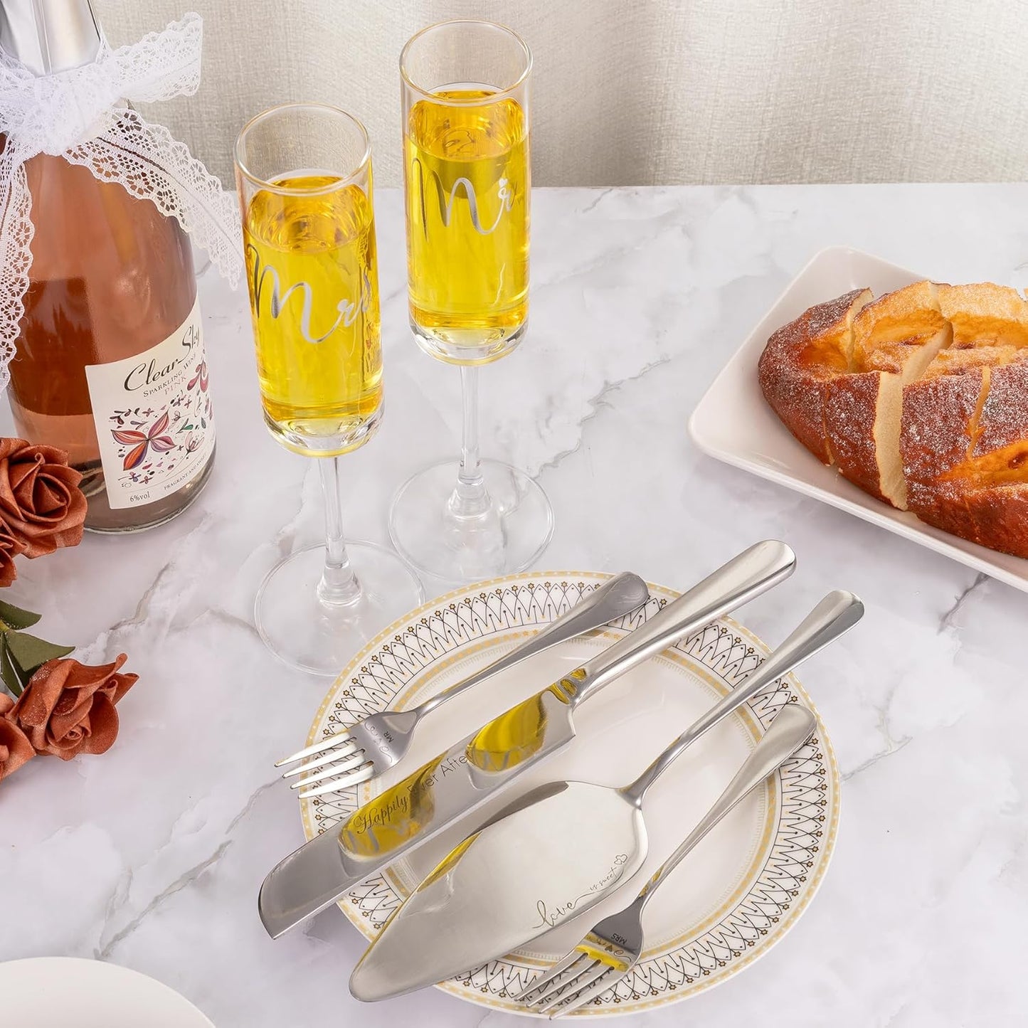 Wedding Cake Knife and Server Set, Mr and Mrs Champagne Flutes With Sliver Cake Cutting Set For Wedding Bridal Shower Gifts