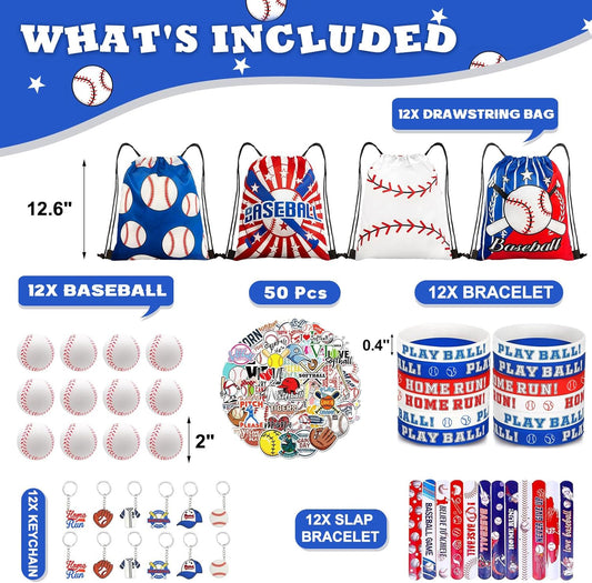 110Pcs Baseball Party Favors Drawstring Bags Baseball Goodie Bag with Mini Ball, Wristband, Slap bracelets, Keychains, Stickers for Baseball Party Supplies