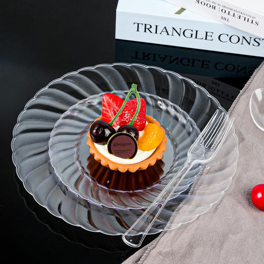FOCUSLINE 100 Count 6 Inch Clear Plastic Plates, Disposable Heavy Duty Salad Dessert Plates- Premium Hard Plastic Plate Fancy Disposable Clear Plate for Weddings, Parties and Events
