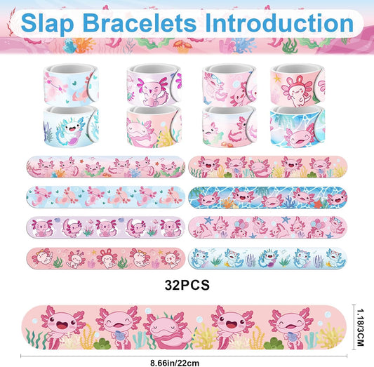Axolotl Party Favors Supplies, 32PCS Slap Bracelets 8PCS Temporary Tattoos Gifts Decorations for Girls, Axolotl Birthday Party Baby Shower Goodie Bag Fillers
