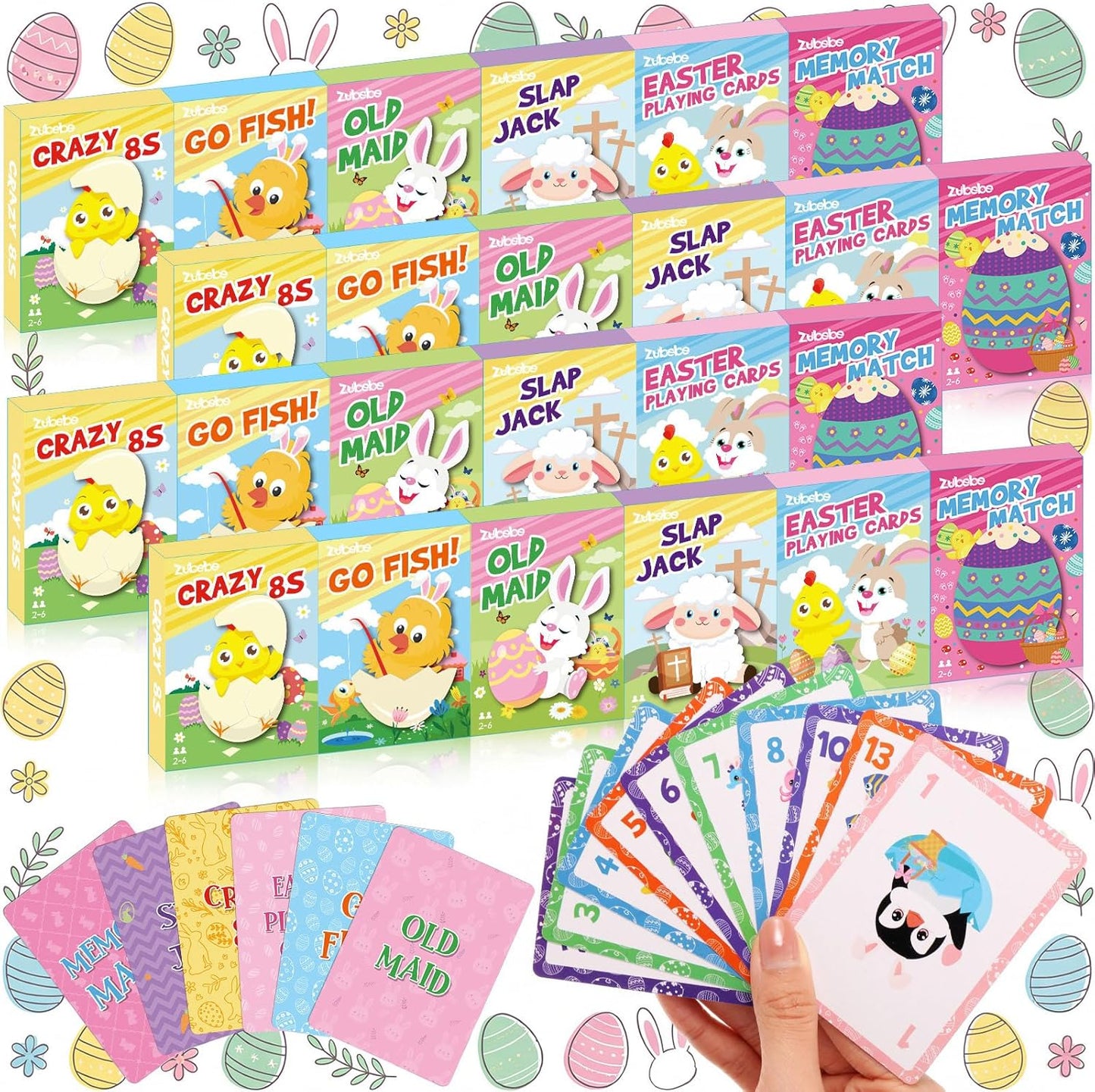 Zubebe 24 Pack End of Year Card Games Bulk 6 in 1 Classic Playing Card Game Set for Kids Includes Go Fish, Old Maid, Crazy Eights, Memory Match, Slap Jack, Playing Cards for End of Year Party Favors