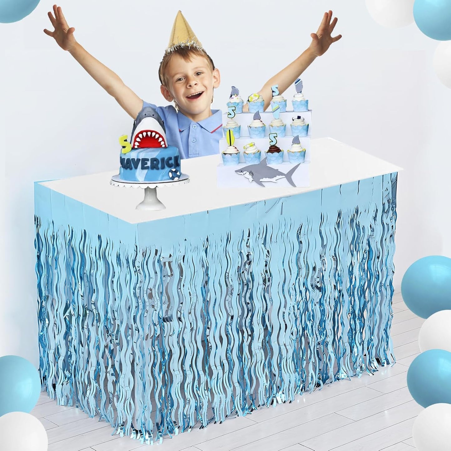 2 Pack Teal Blue Shiny Wavy Tinsel Foil Fringe Table Skirts Table Decorations for Mermaid Birthday Decorations,Under The Sea Party Decorations,Baby Shark Birthday Decorations