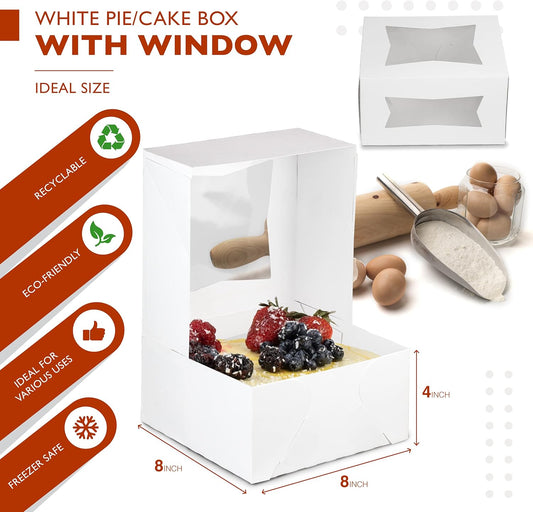 Fit Meal Prep 25 Pack Cake Boxes with Window 8 x 8 x 4 Inches Auto Pop-Up White Bakery Containers for Dessert, Cookies and Pastries, Treat Boxes Gift Packaging Boxes for Valentine's Day, Christmas