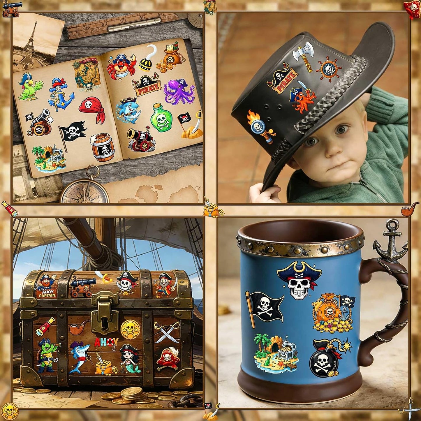 Ozepao 100 Pcs Pirate Temporary Tattoos for Kids,(2'' x 2'')Individually Wrapped Tattoos, Pirate Ship Nautical Themed Birthday Decorations, Party Favors Supplies