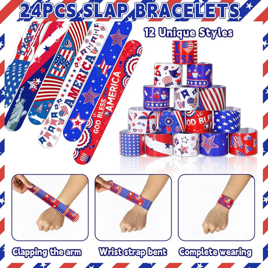 98PCS 4th of July Favors - USA 250 Patriotic Party Favors with Red White and Blue Silicone Bracelets Slap Bracelets Stickers Gift for Veteran USA 250 Patriotic Accessories