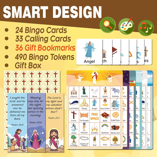 GRANDLMOON Bible Bingo Game 24 Players 6 Designs Christian Bible Bingo Card Religious Game Activities for Vacation Bible School Christian Sunday Church Easter Gift Family Open Day Supplies Box