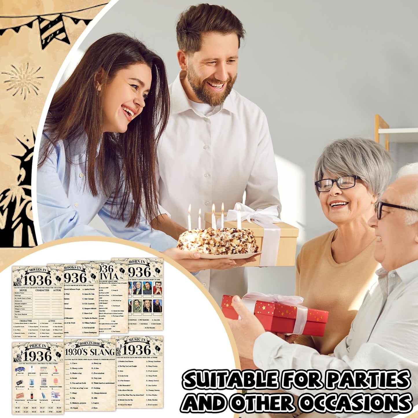 70Pcs 70th Birthday Party Games Born In 1956 Fun 1956 Trivia Music Slang Books Game Double-Sided Game Cards Vintage 70th Birthday Party Supplies for 70 Year Old Activity Anniversary Class Reunion