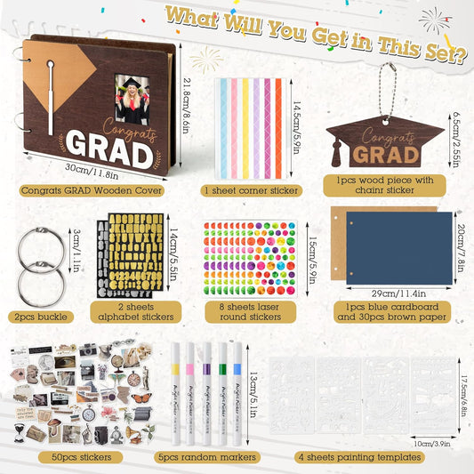 TICIAGA Congrats Grad Scrapbook Album Kit - 108PCS Large Wooden Graduation Photo Album Craft Set for Students, 11.8x8.6 Class of 2026 Memory Keepsake Book for High School College Graduation Party Gift