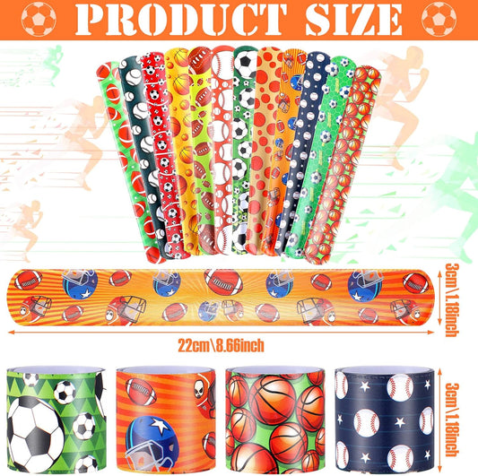 Deekin 48 Pcs Sports Party Favors Slap Bracelets Football Baseball Soccer Snap Bracelet Bands Slap Bands Colorful Decorations for Kids Birthday Party Supplies, 8.8 x 1.2 Inch
