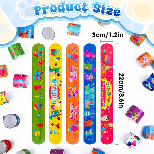 RICEDUO 36 Pcs Happy Birthday Slap Bracelets for Kids, 12 Styles Colorful Bulk Slap Wristbands - Birthday Snap Bracelets for Summer Party Favors Gift Exchange