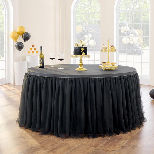 72inch Champagne Gold Tulle Table Skirts for Rectangle Round Tables, Gold Grim Ruffle Tulle Tutu Cloth Table Skirt 6ft for Wedding Birthday Party Cake Dessert Decor(No Top Cover)