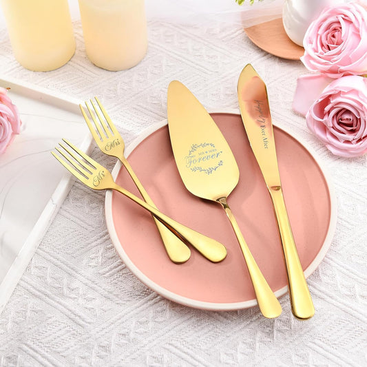 Wedding gifts for Couples, Gold Wedding Cake Knife and Server Set with Forks, Cake Cutting Set, Bridal Shower Anniversary Engagement Present For Mr and Mrs Set of 4
