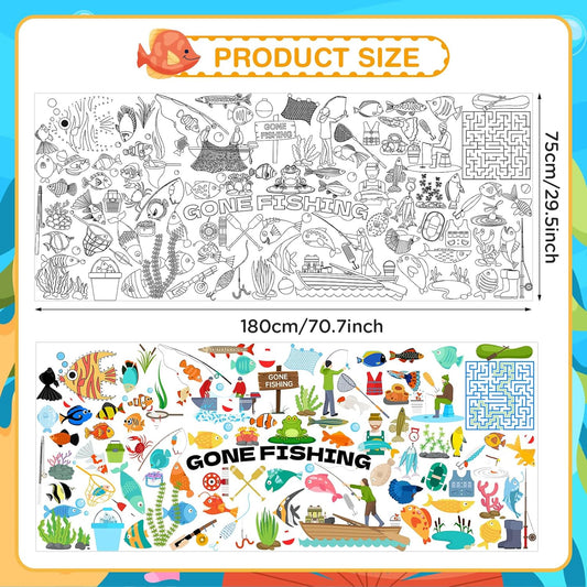 Giant Coloring Poster for Kids 70.7 x 29.5 Inch Large Gone Fishing Coloring Tablecloth Jumbo Paper Fishing Themed Color-in Activities Games for School Classroom Home Party Supplies