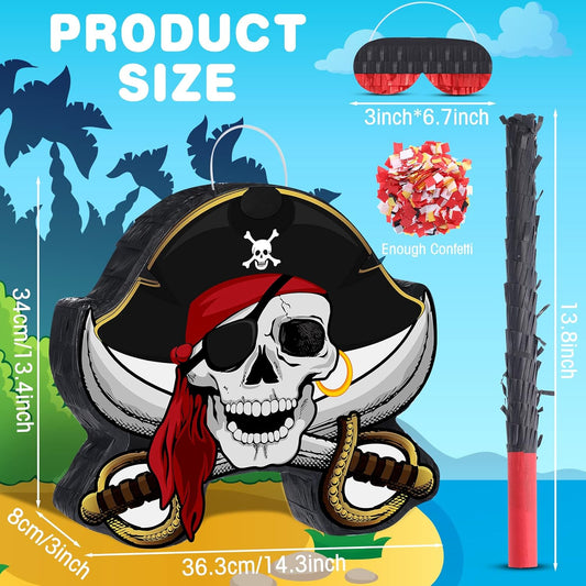 Pirate Piñata Bundle Pirate Party Game Set Include Captain Piñata Bat Stick Blindfold Mask for Birthday Party Nautical Adventure Game Decor Supplies Decor, 13.4 x 14.3 x 3.2''