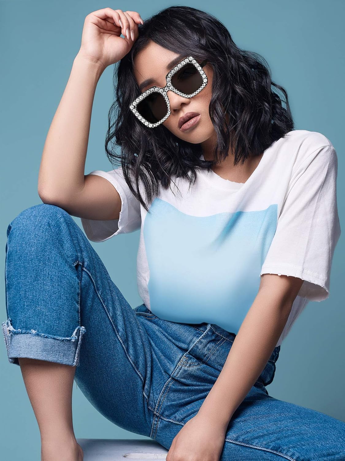 Frienda 6pcs Oversize Rhinestone Square Bling Sunglasses Sparkling 70s Glitter Crystal Disco Sunglasses Retro Frame Glasses for Women