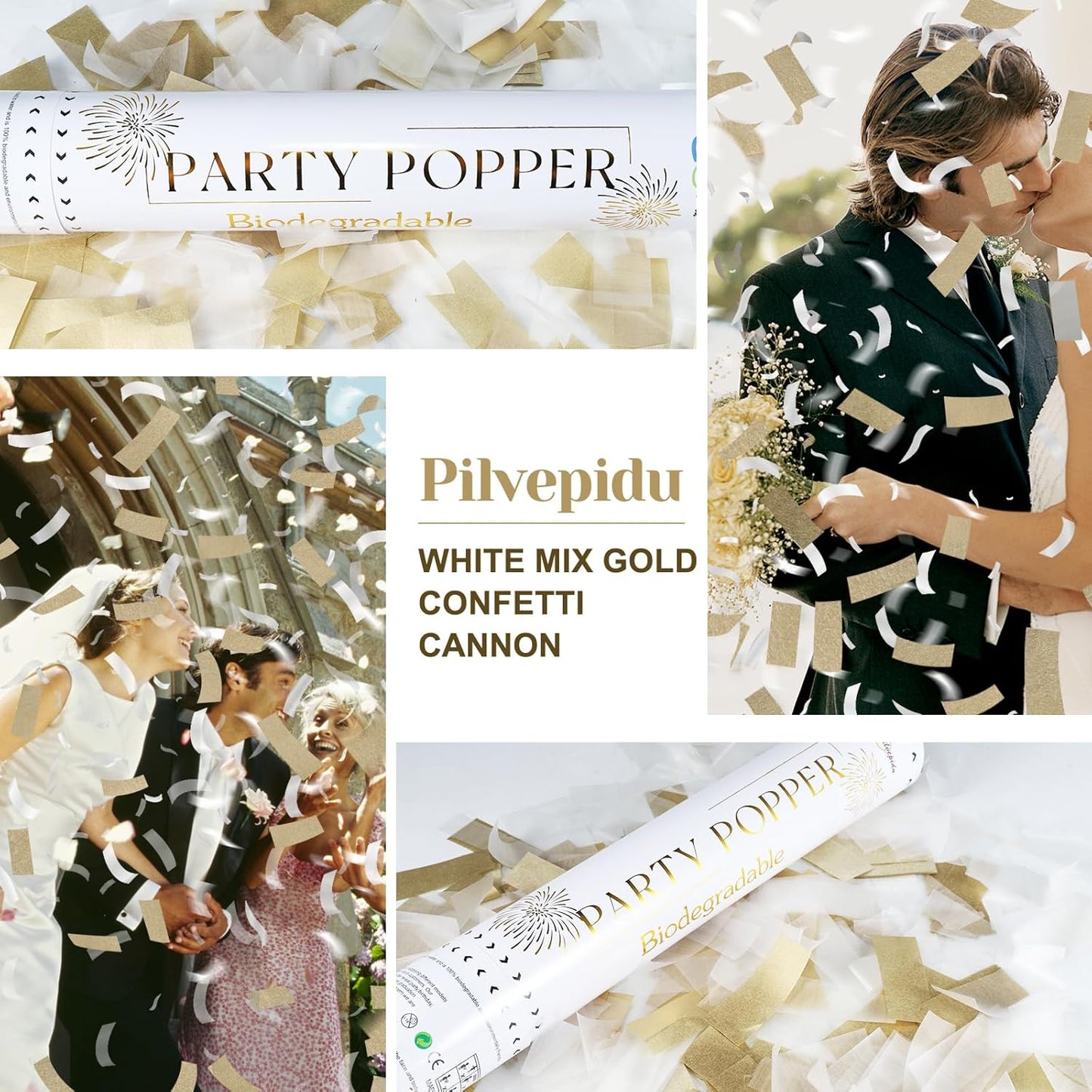 White Mix Gold Rice Confetti Cannon,6Pack Biodegradable Mulitcolor Confetti Poppers Party Shooters,12inch Party Poppers For Lawns Wedding,Birthday,Celebrations,Photo Shoots and New Years.