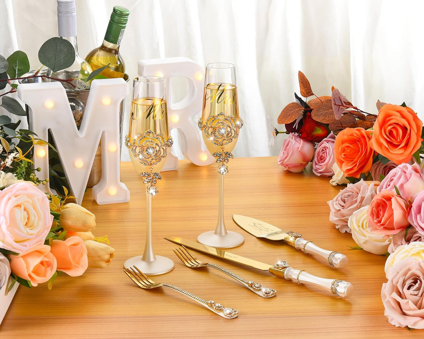 Engagement Gifts for Couples, Wedding Cake Knife and Server Set, Luxury Handcrafted Champagne Flutes with Rhinestone Rose and Pendant Drop, Cake Cutting Set for Wedding, Bride and Groom Gift-ready Box