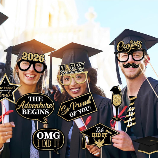 46Pcs Blue Gold Graduation Photo Booth Props 2026 Graduation Decorations with Sticks Class of 2026 Grad Party Favors Supplies for High School & College