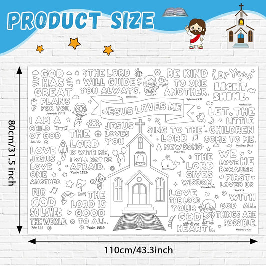 Bible Coloring Table Cloth for Kids Religious Giant Coloring Poster with Inspirational words Big Bible Coloring Book for Kids Jesus Loves Me for Classroom Home Birthday Easter Party Supplies Favor