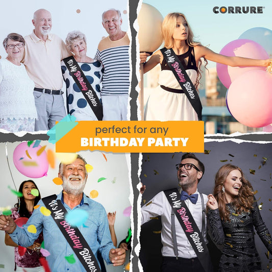 CORRURE 'It's My Birthday Bitches' Birthday Sash with Pink Foil - Soft Black Satin Sash for Women and Men - Happy Birthday Sash for Girls, Sweet 16, 18th 21st 25th 30th 40th 50th or Any Other Bday