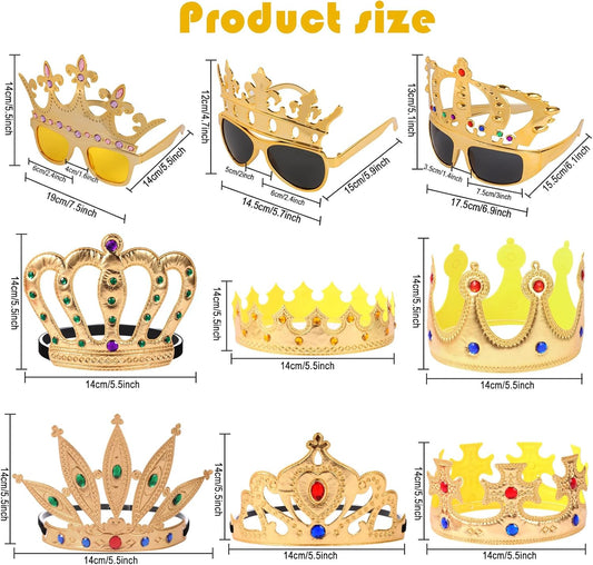 12pcs Party Gift Crown Glasses Adjustable King Crown Hat Crown Sunglasses Crown funny glasses for Party Photo Props Kids Party King Queen Prince Princess Costume Accessories Dress-Up Supplies