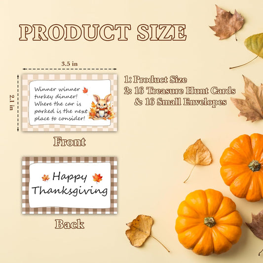Thanksgiving Treasure Hunt Clue Game, Fall Scavenger Games for Adults, Happy Thanksgiving Party Activities, Autumn Pumpkin Party Supplies (16 Cards with 16 Colorful Envelopes) -01