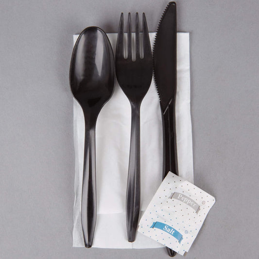 KitchenDine 100 Pack Medium Weight Wrapped white Plastic Cutlery Pack with Napkin and Salt/Pepper Packets (White)