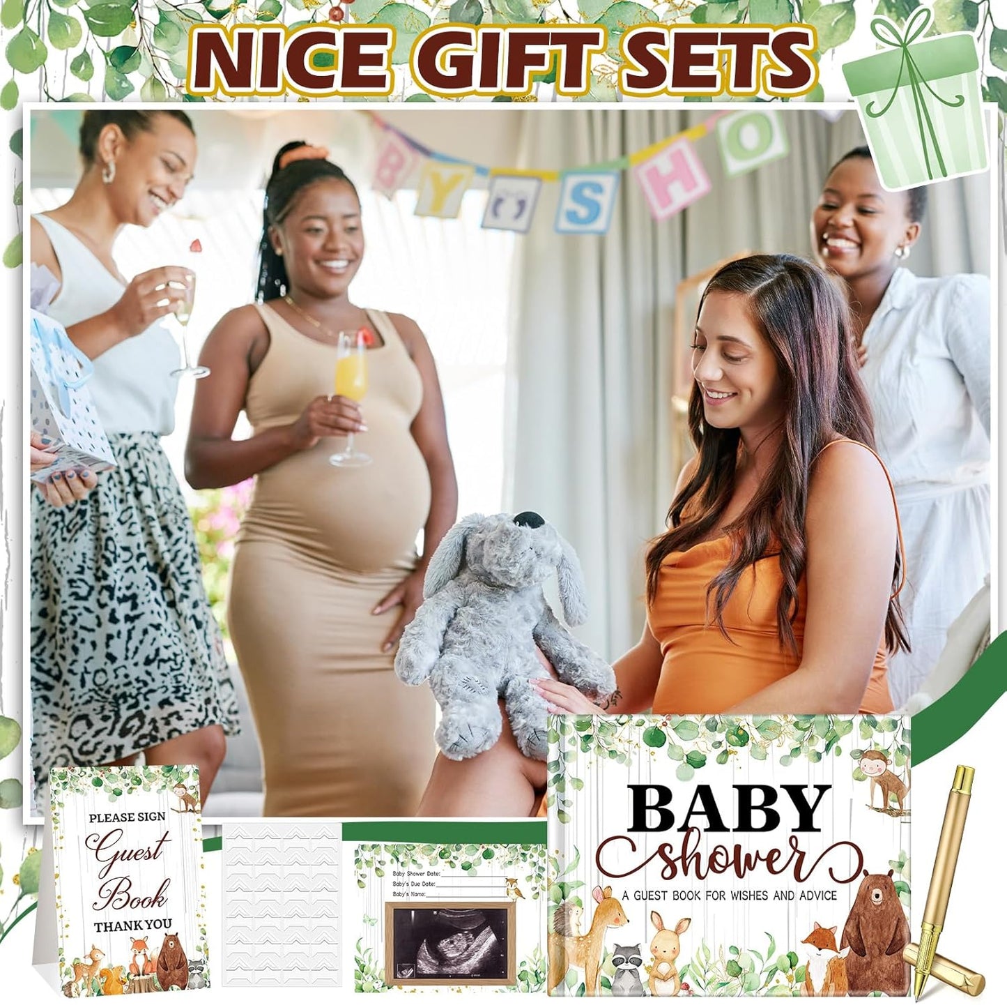 Fuyoooo 27 Pcs Safari Animal Baby Shower Guest Book Set Baby Shower Sign in Guest Floral Book Place Table Cards with Gold Pen Adhesive Photo Corner for Birthday Party