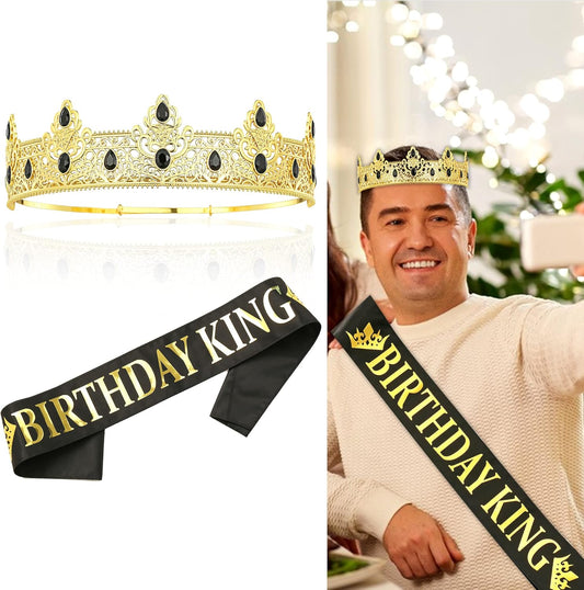 NA King Crown and Birthday Sash, Prom Decoration Gifts for Men (Gold-1)
