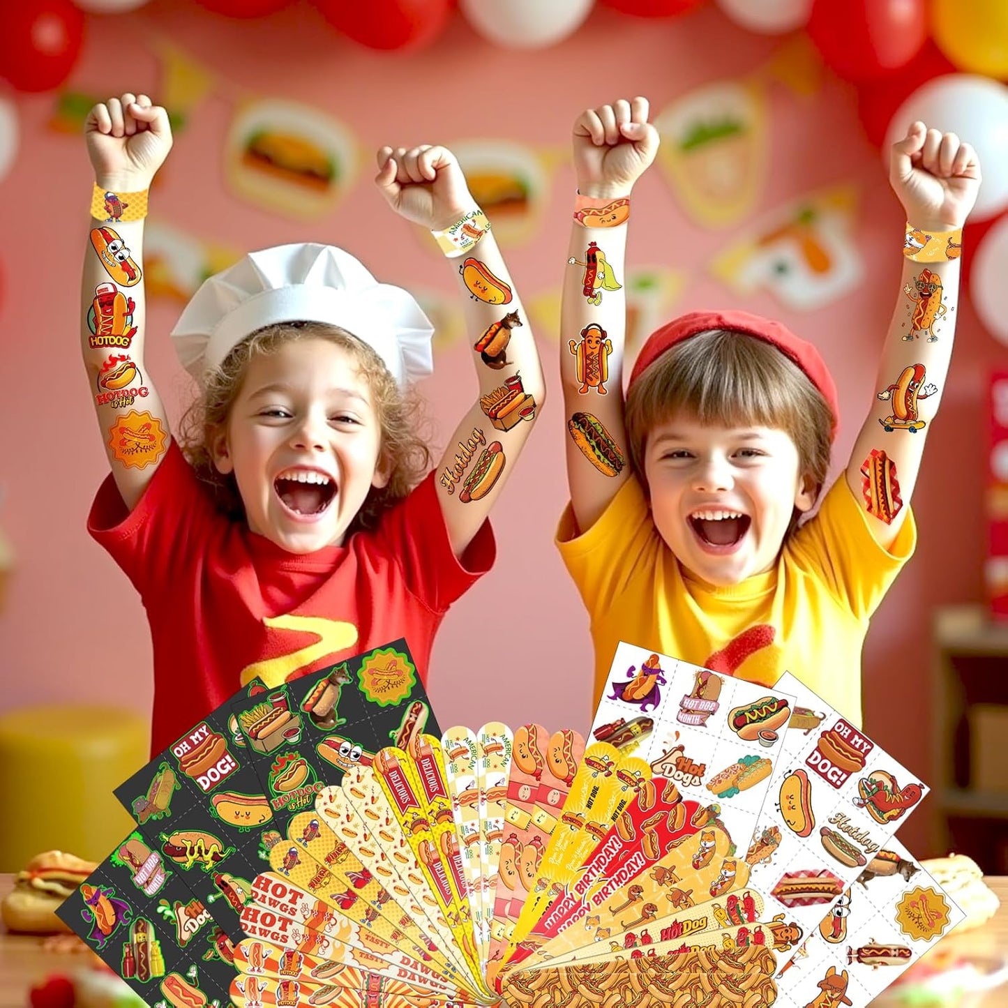 96 PCS Hot Dog Party Favors Set – 72 Pre-Cut Temporary Tattoos & 24 Slap Bracelets for Kids, Perfect for Food-Themed Birthday Parties, BBQ Celebrations & Classroom Rewards
