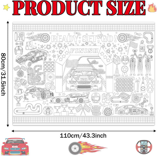 Race Car Large Coloring Poster Giant Racing Car Activity Drawing Paper Coloring Tablecloth DIY Wheels Theme Game Poster Book Table Cover Truck Kids Art Craft Home Classroom Birthday Party Decorations