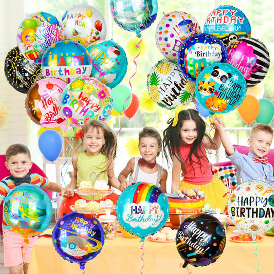 100 Pcs Happy Birthday Foil Balloons, 18IN Round Birthday Mylar Balloons for Party Decoration Supplies (20 Style)